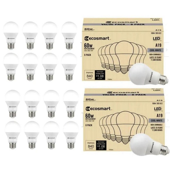 (16 PK) EcoSmart 9W 60W Equivalent Cool White A19 Non-Dimmable LED Light Bulbs - Picture 1 of 3